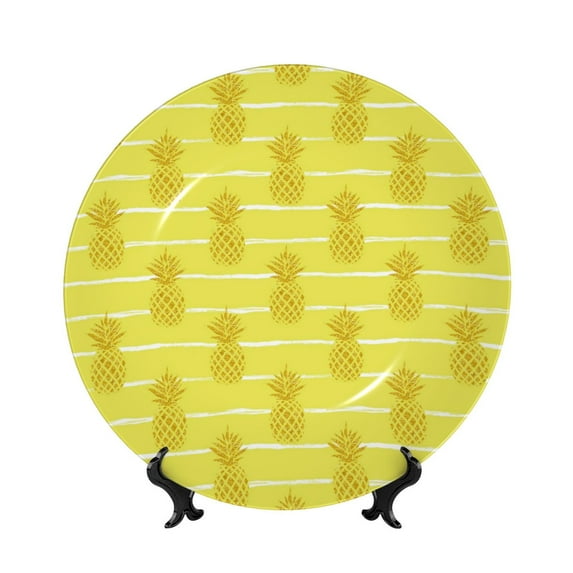 Balery Gold Pineapple Print Bone China Decorative Plate Ceramic Dinner Plates Art Crafts with Display Stand-6in