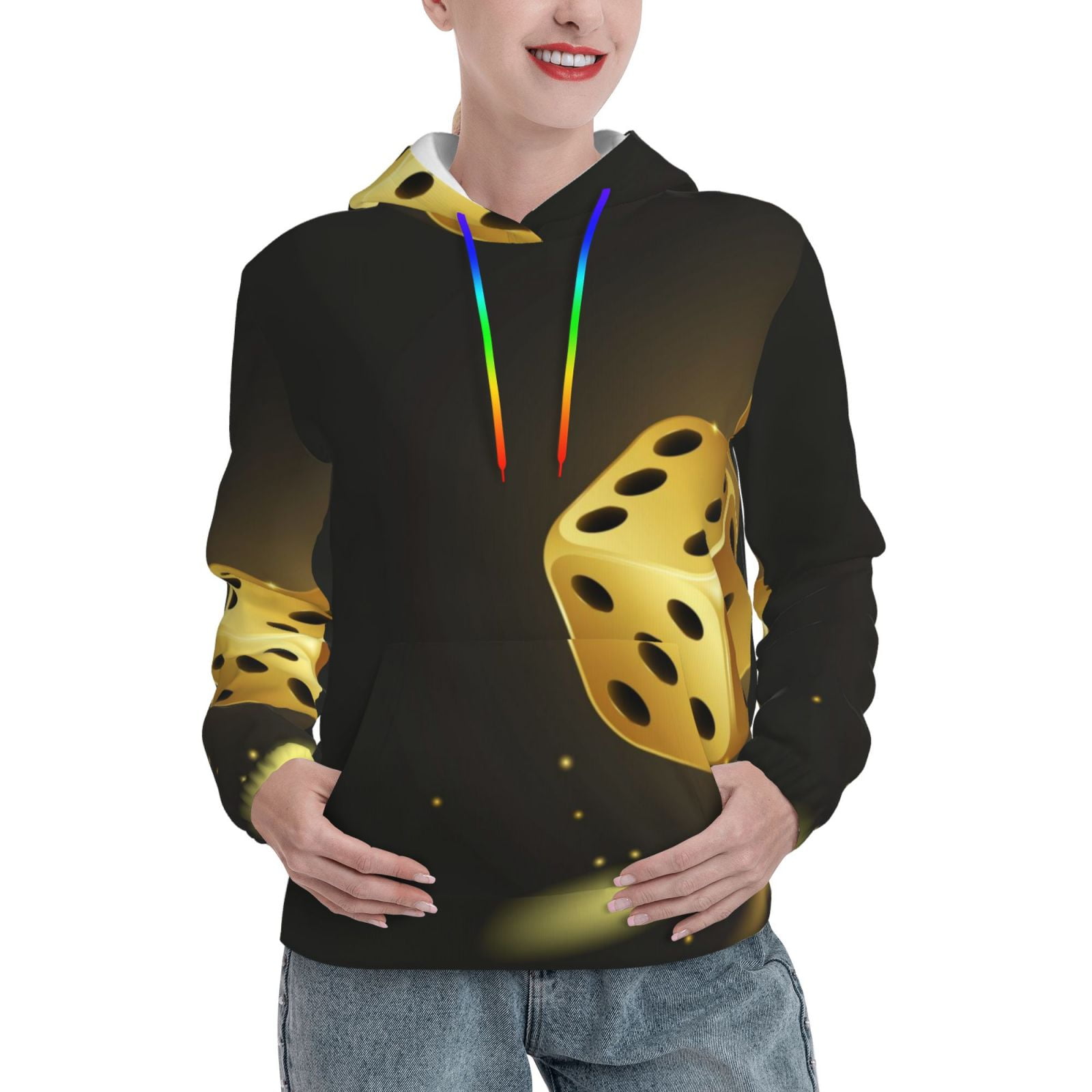Balery Golden Dice Pattern Womens Long Sleeve Hoodie, Pullover Hooded