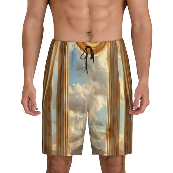 Balery Golden Drapes Pillars Clouds Men's Cotton Knit Pajama Shorts Waistband & Pockets,Short Pajama Pants-Large