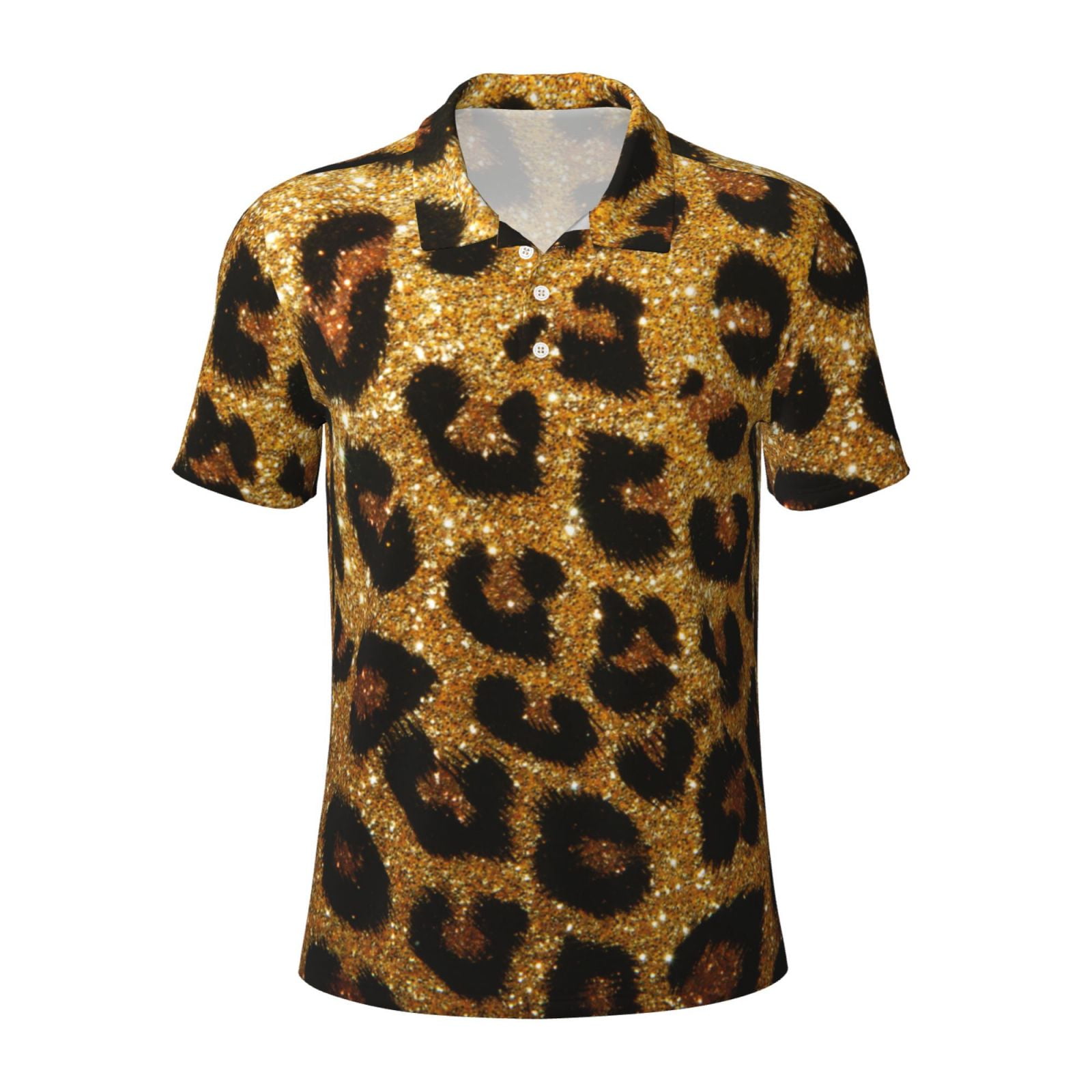 Balery Golden Leopard Glitter Printed Men’s Short Sleeve Polo Shirt