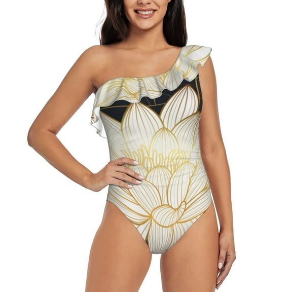 Balery Golden Lotus One Shoulder Swimsuits for Women Ruffle Swimsuits Tummy Control One Shoulder Bathing Suits-Large