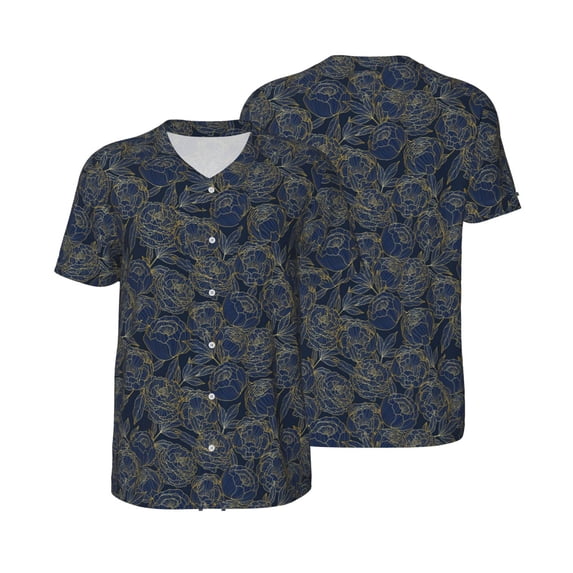 Balery Golden Peonies Baseball Jersey for Men Casual Button Down Shirts Short Sleeve Active Team Sports Uniform-XX-Large