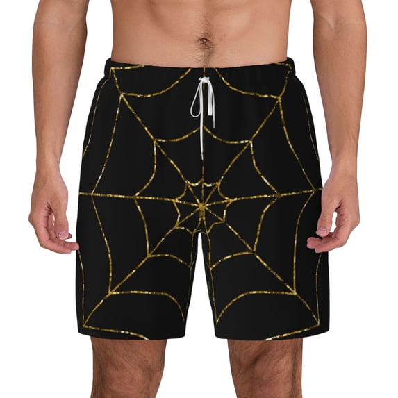 Balery Golden Spider Web Mens Swim Trunks Swim Shorts for Men Quick Dry Inseam Beach Shorts with Compression Liner Pocket-Medium