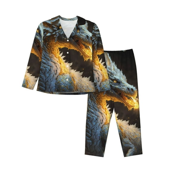 Balery Golden White Fire Dragon Pattern Pajama Sets for Women Long Sleeve 2 Piece Sleepwear Loungewear Sets Soft PJ's with Pockets Long Sleeve Comfy Pj Sets-Medium