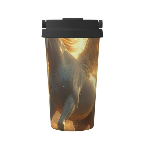 Balery Golden Winged White Horse Pattern Insulated Coffee Travel Mug Stainless Steel Vacuum Coffee Cup Leakproof with Screw Lid Coffee for Hot/Iced Beverage - 500ml
