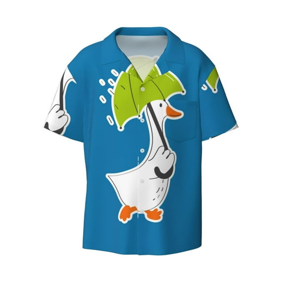 Balery Goose Holding an Umbrella Men's Casual Button Down Shirt Short Sleeve Textured Summer Cuban Beach Shirts-Large