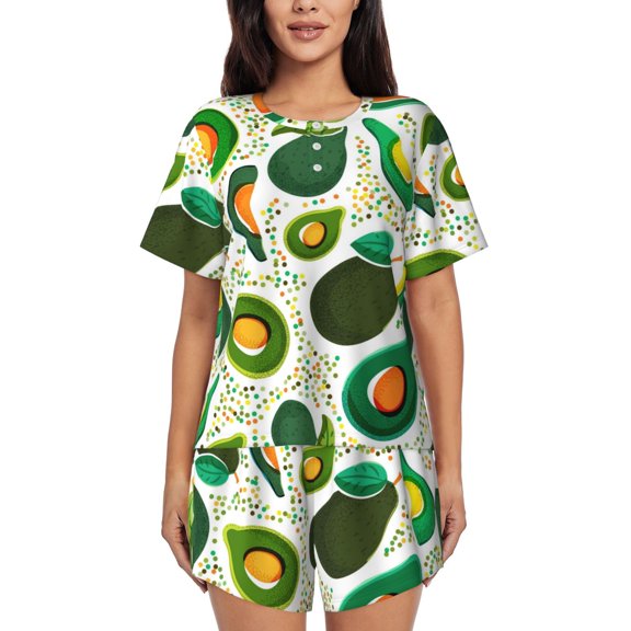 Balery Green Avocado Pattern Womens Pajama Sets 2 Piece Soft Short Sleeve Top and Shorts Sleepwear Round Neck Pjs Lounge Set with Pockets-3X-Large