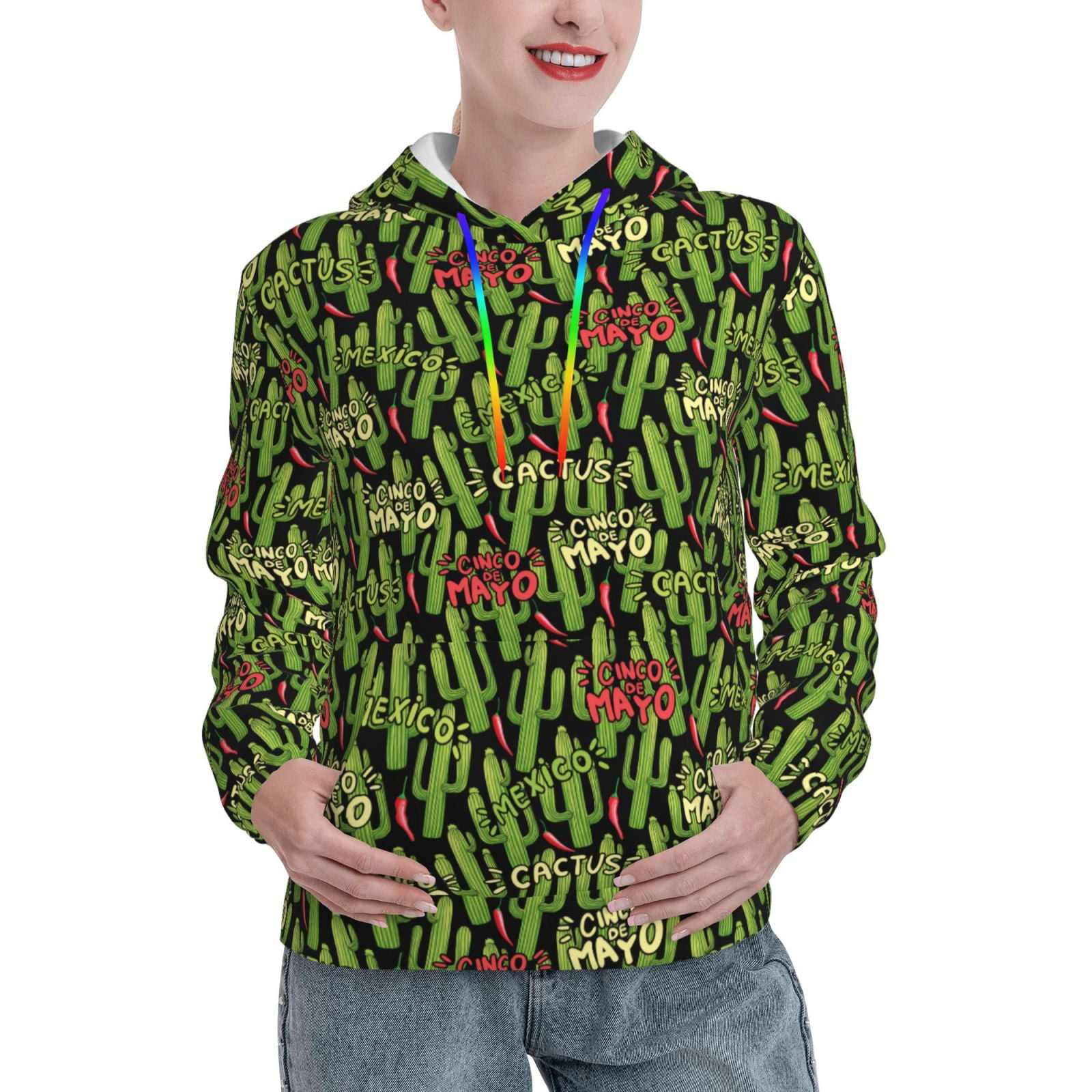 Balery Green Cacti And Red Chili Pattern Womens Long Sleeve Hoodie