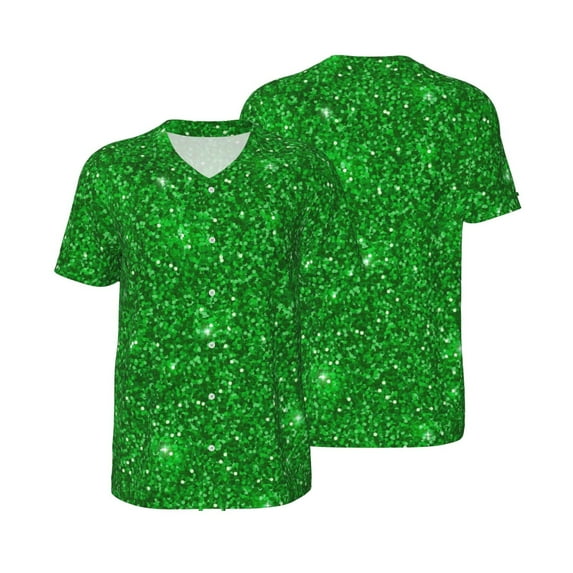 Balery Green Glitter Baseball Jersey for Men Casual Button Down Shirts Short Sleeve Active Team Sports Uniform-4X-Large