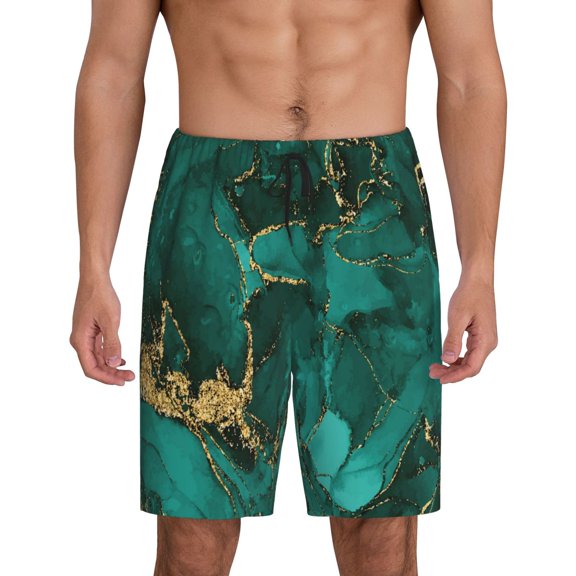 Balery Green Gold Glitter Men's Cotton Knit Pajama Shorts Waistband & Pockets,Short Pajama Pants-Large