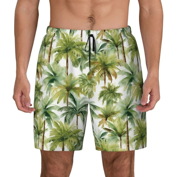Balery Green Hawaii Palms Mens Swim Trunks Swim Shorts for Men Quick Dry Inseam Beach Shorts with Compression Liner Pocket-Large