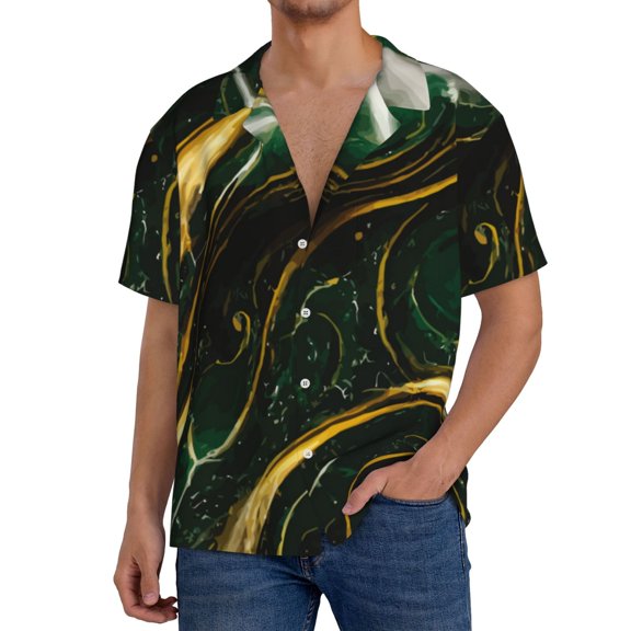 Balery Green Marble Men's Casual Button Down Shirt Short Sleeve Textured Summer Cuban Beach Shirts-XX-Large