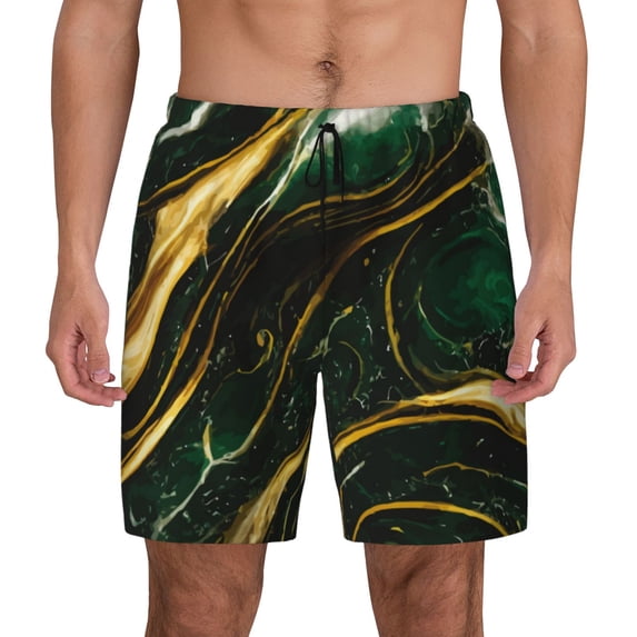 Balery Green Marble Mens Swim Trunks Swim Shorts for Men Quick Dry Inseam Beach Shorts with Compression Liner Pocket-3X-Large