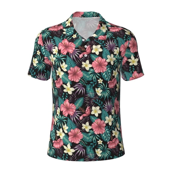Balery Green Tropical Leaves Printed Men’s Short Sleeve Polo Shirt, Midweight Men's Shirt,Golf Polo shirts -
