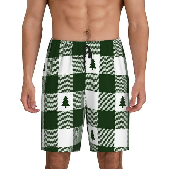 Balery Green White Lumberjack Plaid Men's Cotton Knit Pajama Shorts Waistband & Pockets,Short Pajama Pants-3X-Large