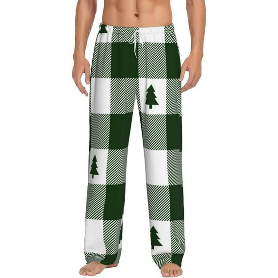 Balery Green White Lumberjack Plaid print Men's Pajama Pants,Ultra Lightweight Pjs,Lounge Pant-Large