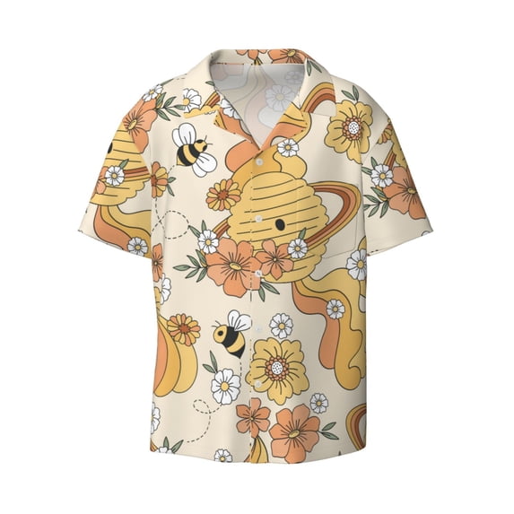 Balery Groovy Floral Men's Casual Button Down Shirt Short Sleeve Textured Summer Cuban Beach Shirts-Small