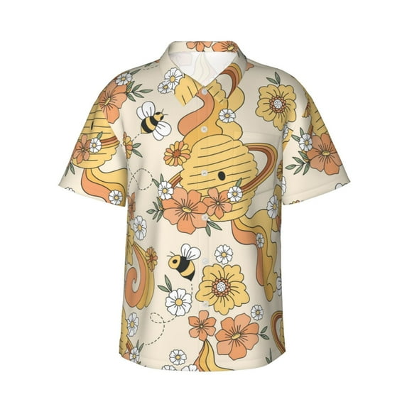 Balery Groovy Floral Print Men's Hawaiian Shirts Short Sleeve Beach Shirt Relaxed Fit Vacation Button Down Shirts-Large