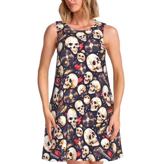 Balery Guitar Skull record Pattern Women’s Summer Dresses – Loose Sleeveless Sundress, Casual and Comfortable Beach Dress for Hot Days
