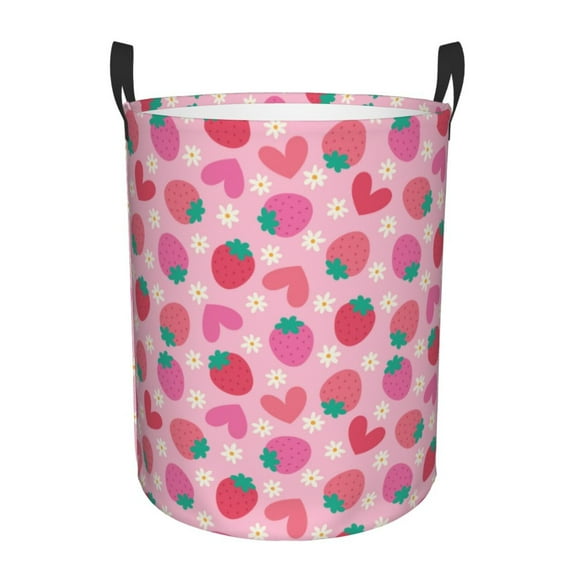 Balery Haear Strawberry Round Laundry Basket with Handles Waterproof Freestanding Laundry Hamper for Clothes Toys in the Dorm and Family-Medium