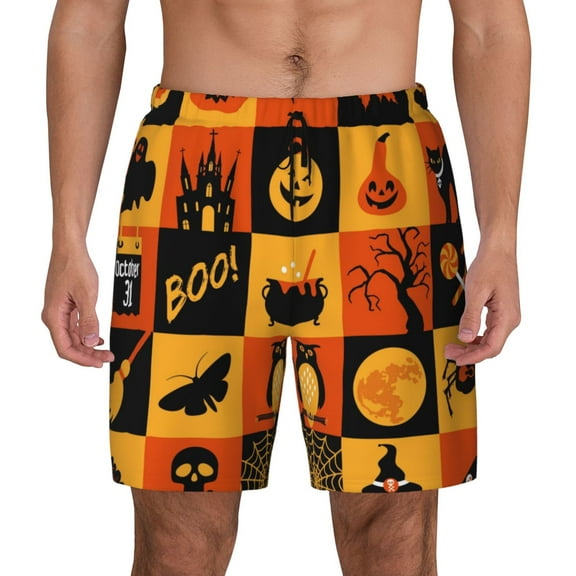 Balery Halloween Banner Symbols Mens Swim Trunks Swim Shorts for Men Quick Dry Inseam Beach Shorts with Compression Liner Pocket-Small