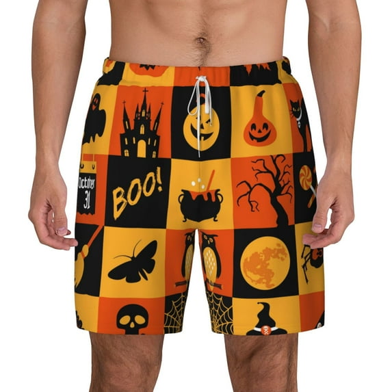 Balery Halloween Banner Symbols Mens Swim Trunks Swim Shorts for Men Quick Dry Inseam Beach Shorts with Compression Liner Pocket-X-Large