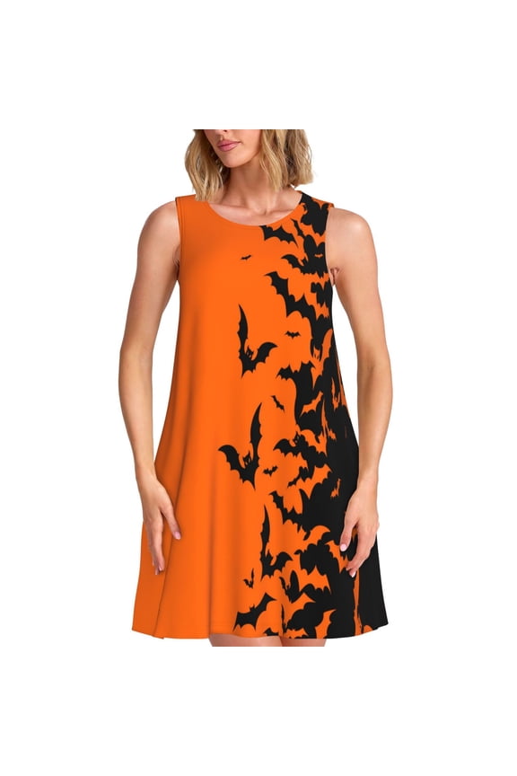 Halloween Bats Pattern Women’s Summer Dresses – Loose Sleeveless Sundress, Casual and Comfortable Beach Dress for Hot Days