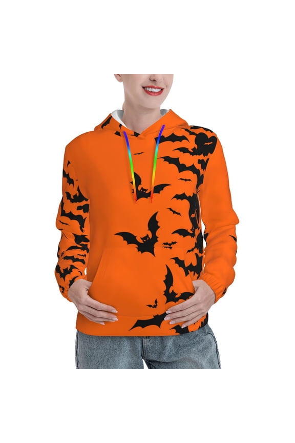 Halloween Bats Pattern Womens Long Sleeve Hoodie, Pullover Hooded Sweatshirt, Kangaroo Pocket Hoodie with Eye-catching Drawstrings-Large