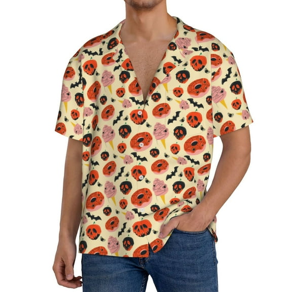 Balery Halloween Donut Men's Casual Button Down Shirt Short Sleeve Textured Summer Cuban Beach Shirts-3X-Large