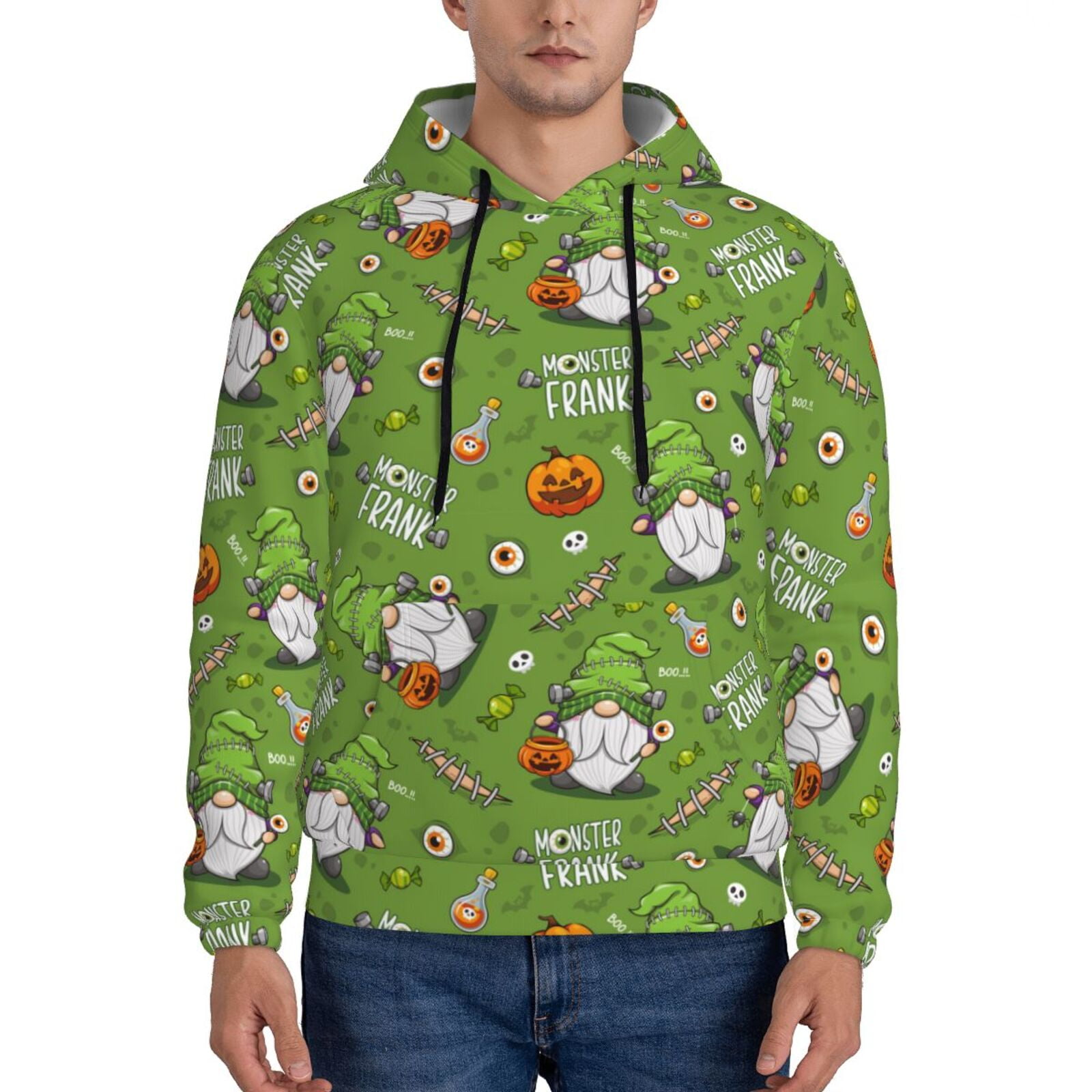 Balery Halloween Monster Gnome Pattern Mens Hoodie Kangaroo Pocket
