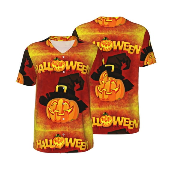 Balery Halloween Pumpkin Baseball Jersey for Men Casual Button Down Shirts Short Sleeve Active Team Sports Uniform-X-Large