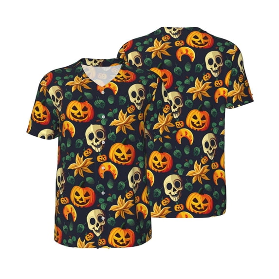 Balery Halloween Skull Baseball Jersey for Men Casual Button Down Shirts Short Sleeve Active Team Sports Uniform-X-Large