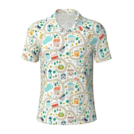 Balery Hand Drawn Cars Trucks Buses And Roads Printed Men’s Short Sleeve Polo Shirt, Midweight Men's Shirt,Golf Polo shirts -Small