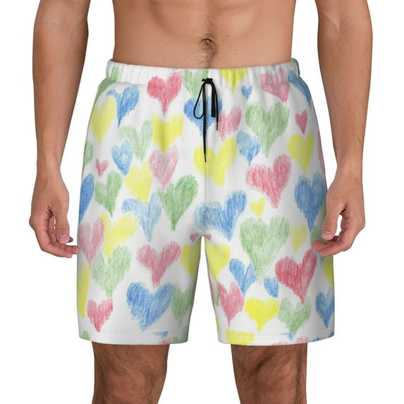 Balery Hand Drawn Colored Hearts Mens Swim Trunks Swim Shorts for Men Quick Dry Inseam Beach Shorts with Compression Liner Pocket-Medium