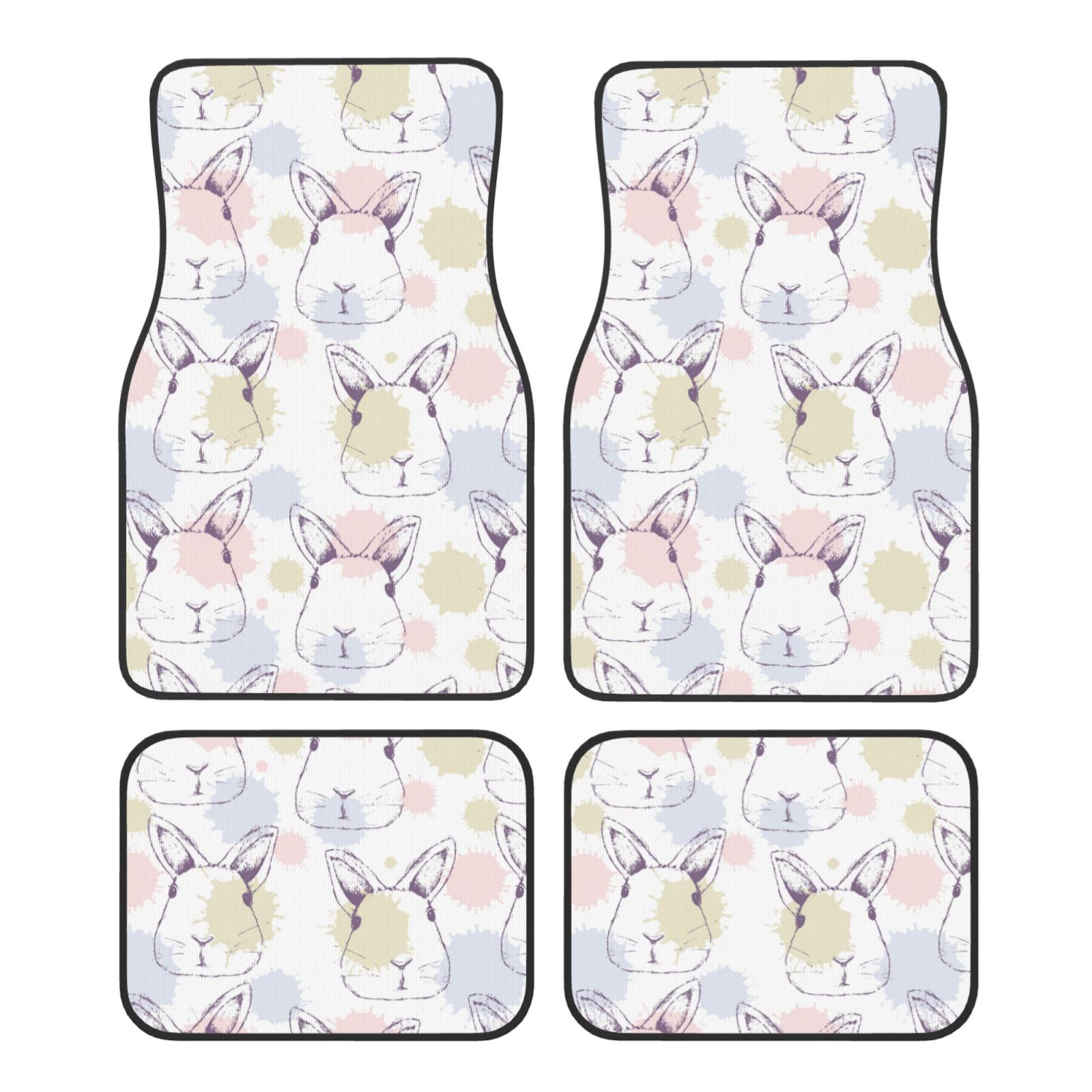 Pattern Block Mats Rabit Balery Hand Drawn Rabbit Pattern 4-Piece Floor Mats, Heavy-Duty Rubber ...