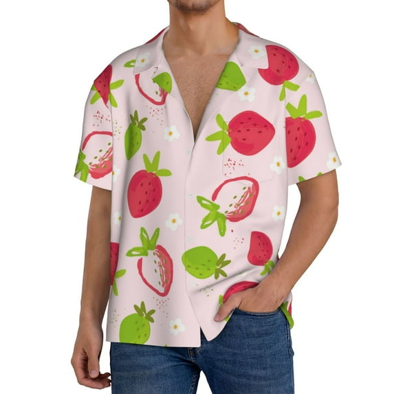 Balery Hand Drawn Strawberry Men's Casual Button Down Shirt Short Sleeve Textured Summer Cuban Beach Shirts-XX-Large