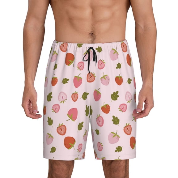 Balery Hand Drawn Strawberry Men's Cotton Knit Pajama Shorts Waistband & Pockets,Short Pajama Pants-Medium