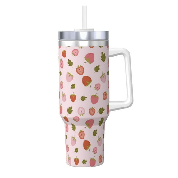 Balery Hand Drawn Strawberry Pattern 40oz Stainless Steel Tumbler Double Wall Vacuum Insulated Water Bottle Ice Bully Insulated Tumbler With Handle And 2 in 1 Straw Lid