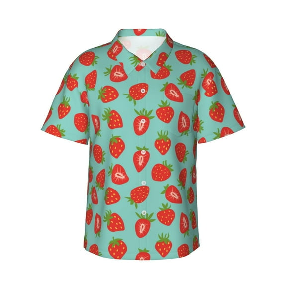 Balery Hand Drawn Strawberry Print Men's Hawaiian Shirts Short Sleeve Beach Shirt Relaxed Fit Vacation Button Down Shirts-Medium
