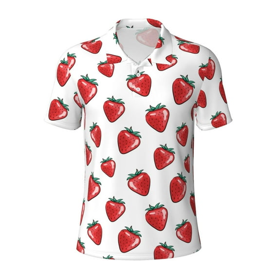 Balery Hand Drawn Strawberry Printed Men’s Short Sleeve Polo Shirt, Midweight Men's Shirt,Golf Polo shirts -Medium