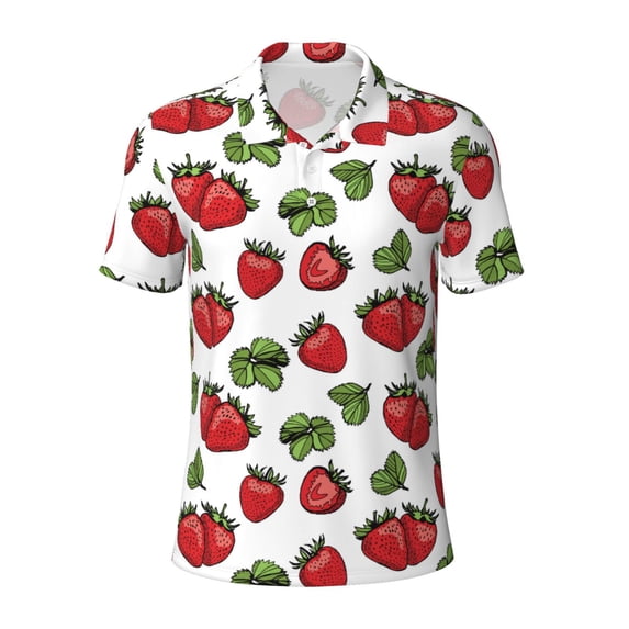 Balery Hand Drawn Strawberry Printed Men’s Short Sleeve Polo Shirt, Midweight Men's Shirt,Golf Polo shirts -Small