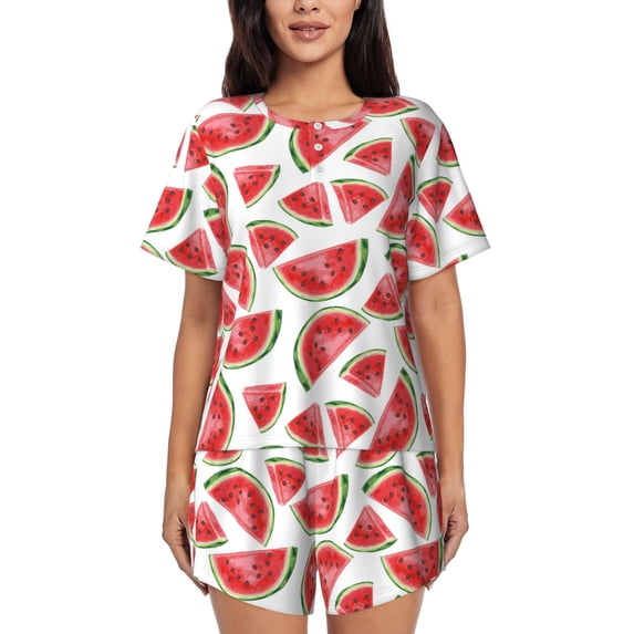 Balery Hand Drawn Watermelon Pattern Womens Pajama Sets 2 Piece Soft Short Sleeve Top and Shorts Sleepwear Round Neck Pjs Lounge Set with Pockets-Small