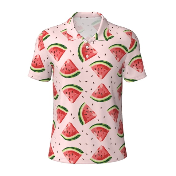 Balery Hand Drawn Watermelon Printed Men’s Short Sleeve Polo Shirt, Midweight Men's Shirt,Golf Polo shirts -Small