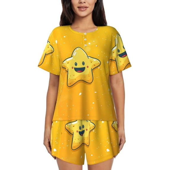 Balery Happy Cartoon Star Pattern Womens Pajama Sets 2 Piece Soft Short Sleeve Top and Shorts Sleepwear Round Neck Pjs Lounge Set with Pockets-XX-Large