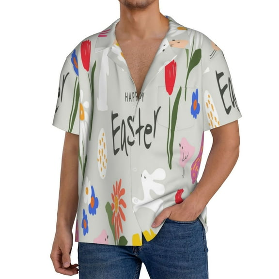 Balery Happy Easter Pattern Men's Casual Button Down Shirt Short Sleeve Textured Summer Cuban Beach Shirts-4X-Large
