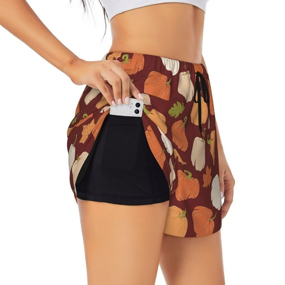 Balery Happy Thanksgiving Day Pattern Women's Running Shorts with Liner 2 Pockets Elastic Workout Athletic Gym Yoga Shorts-XX-Large