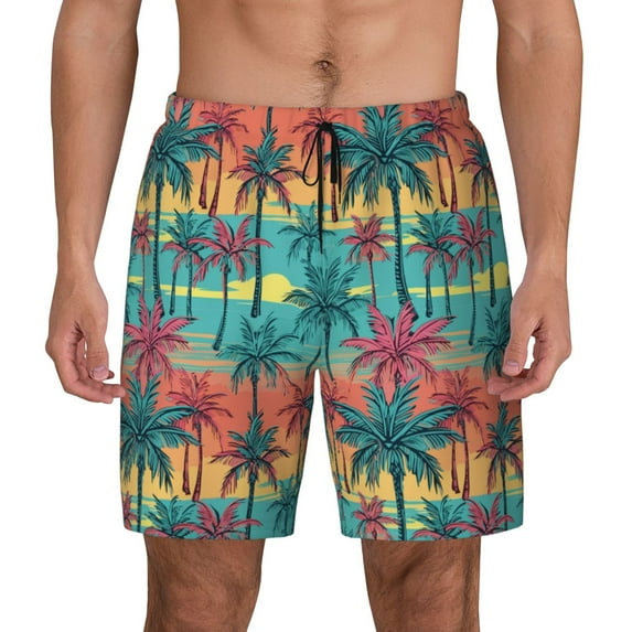 Balery Hawaii Palms Mens Swim Trunks Swim Shorts for Men Quick Dry Inseam Beach Shorts with Compression Liner Pocket-Large