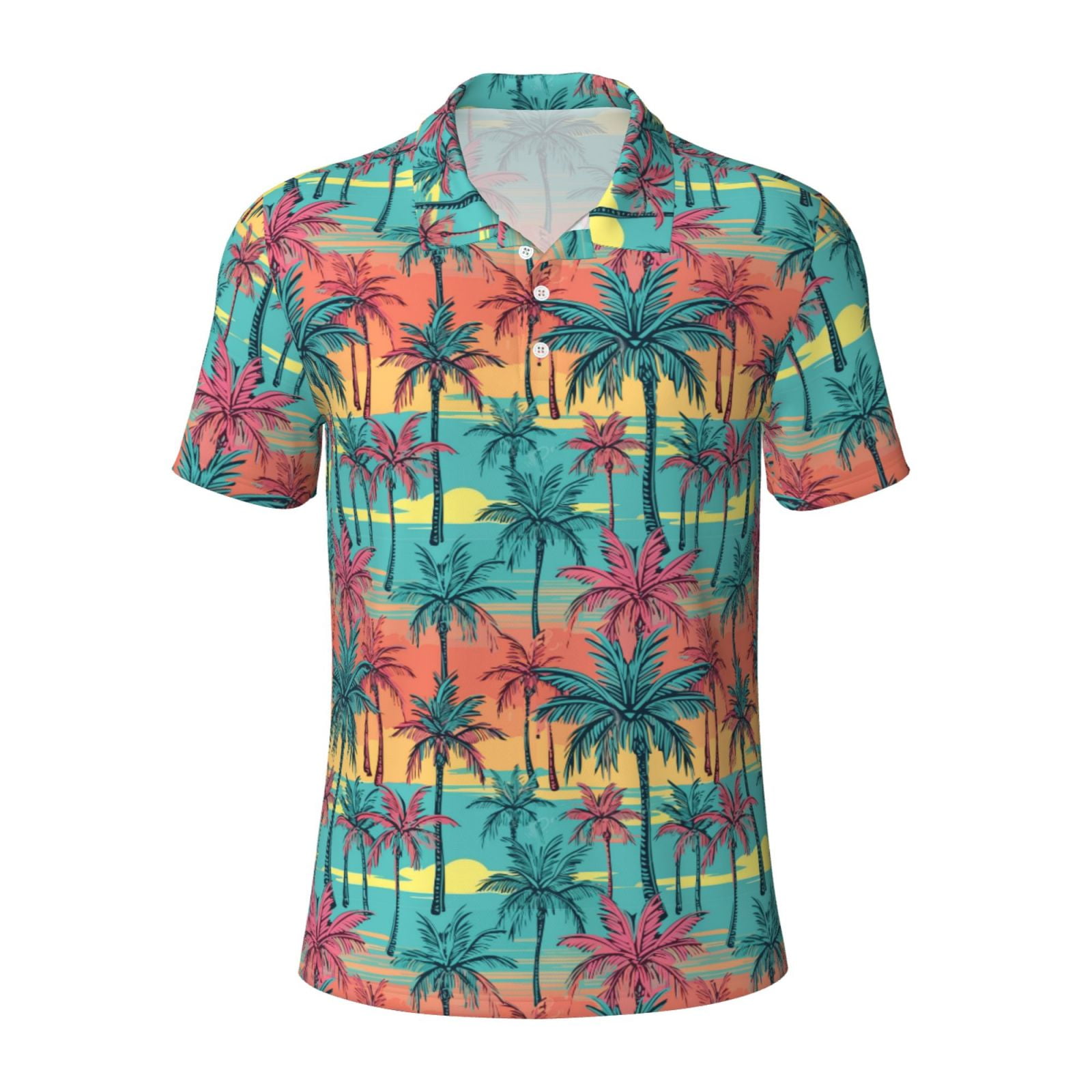Balery Hawaii Palms Printed Men’s Short Sleeve Polo Shirt, Midweight