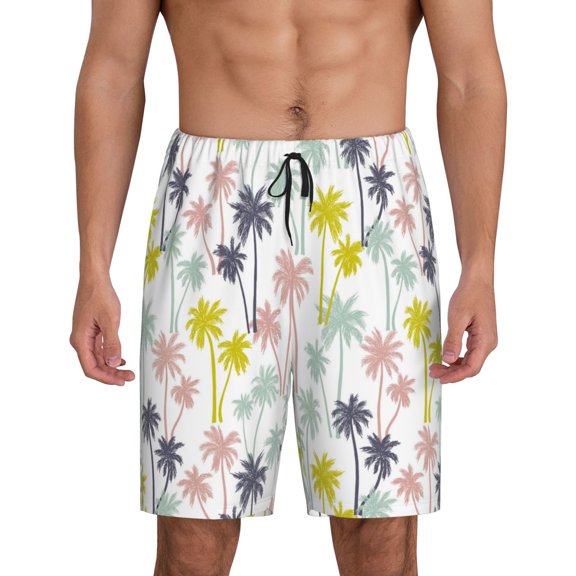 Balery Hawaiian Coconut Tree Men's Cotton Knit Pajama Shorts Waistband & Pockets,Short Pajama Pants-Medium