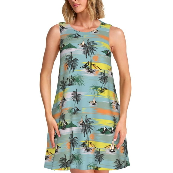 Balery Hawaiian Style Pattern Women’s Summer Dresses – Loose Sleeveless Sundress, Casual and Comfortable Beach Dress for Hot Days